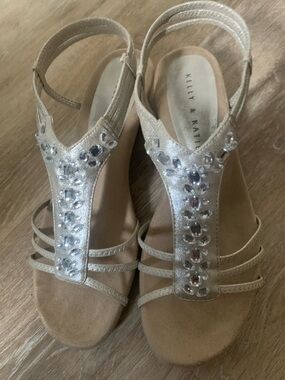 Kelly & Katie Metallic Gold Jeweled T-Strap Wedge Sandals